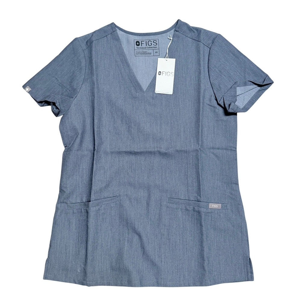 FIGS Women's Casma Three-Pocket Scrub Top Heather Denim XS FW1100 New!